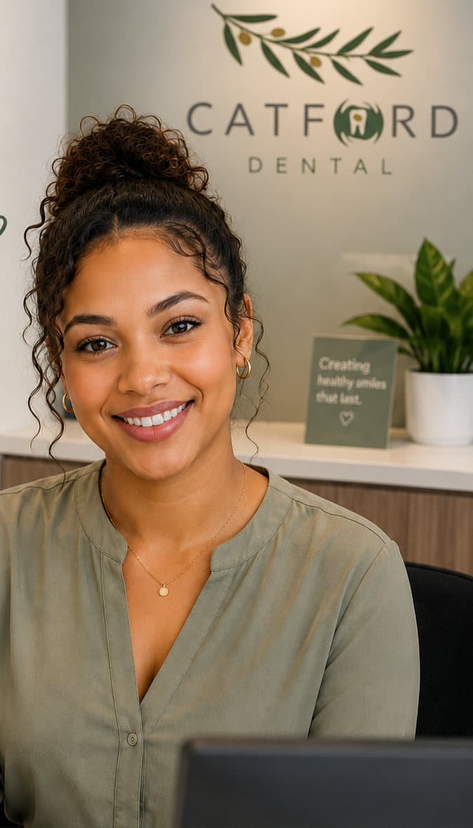 Cathy, Catford Dental's virtual receptionist, smiling at the practice reception.